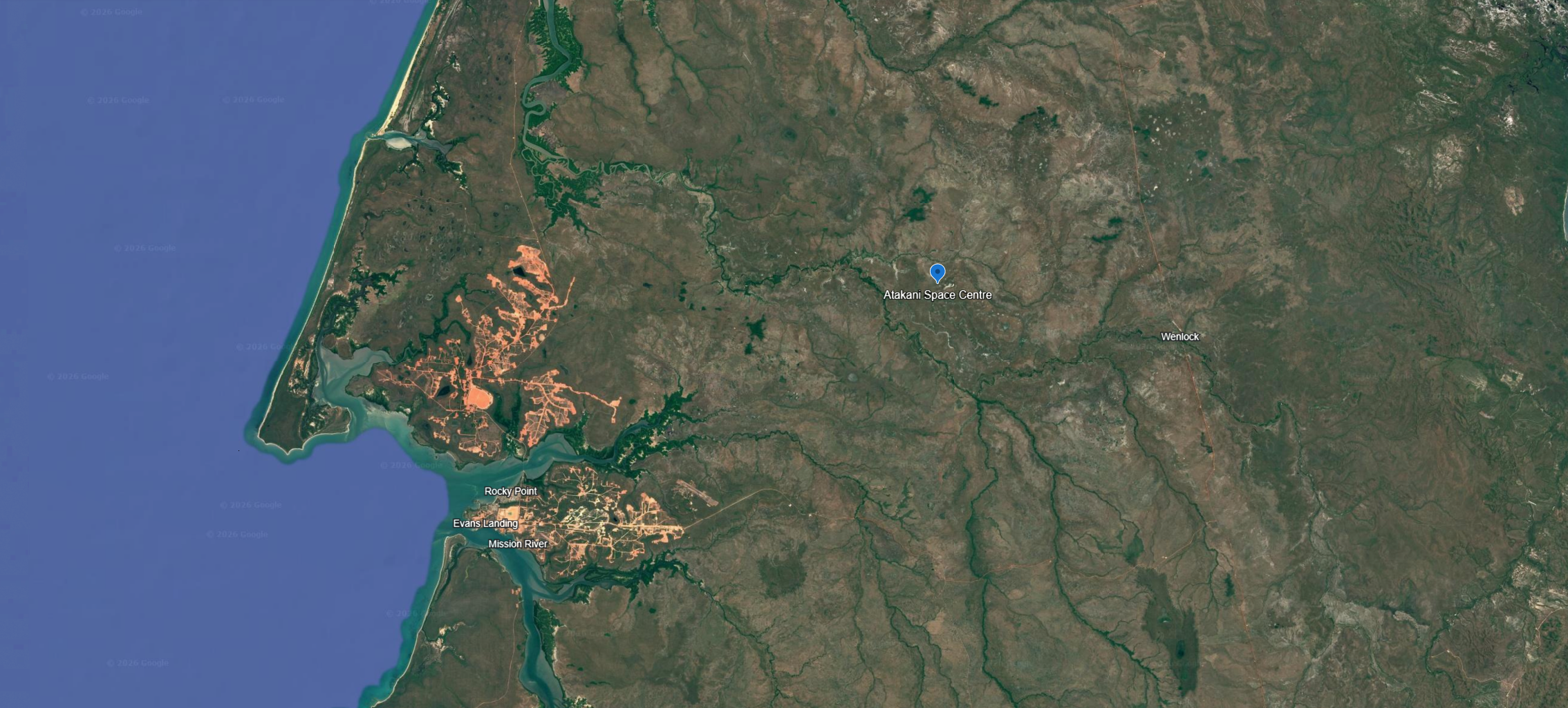 Satellite map showing the Atakani Space Centre site near Weipa, Cape York